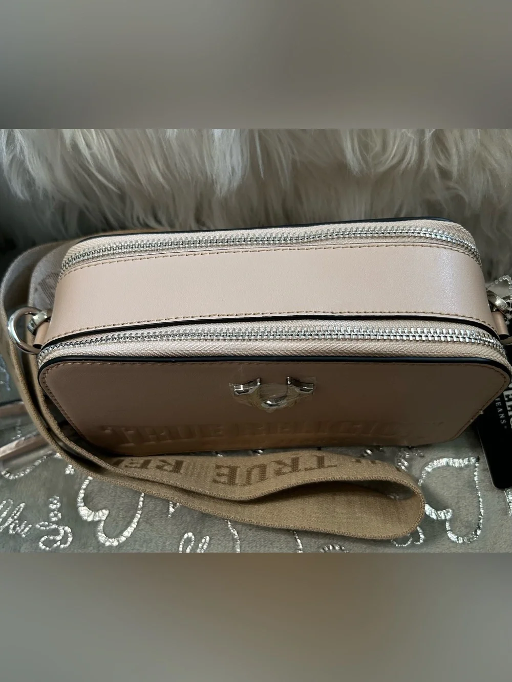 NWT True Religion Tan Double Zipped Camera Crossbody Bag